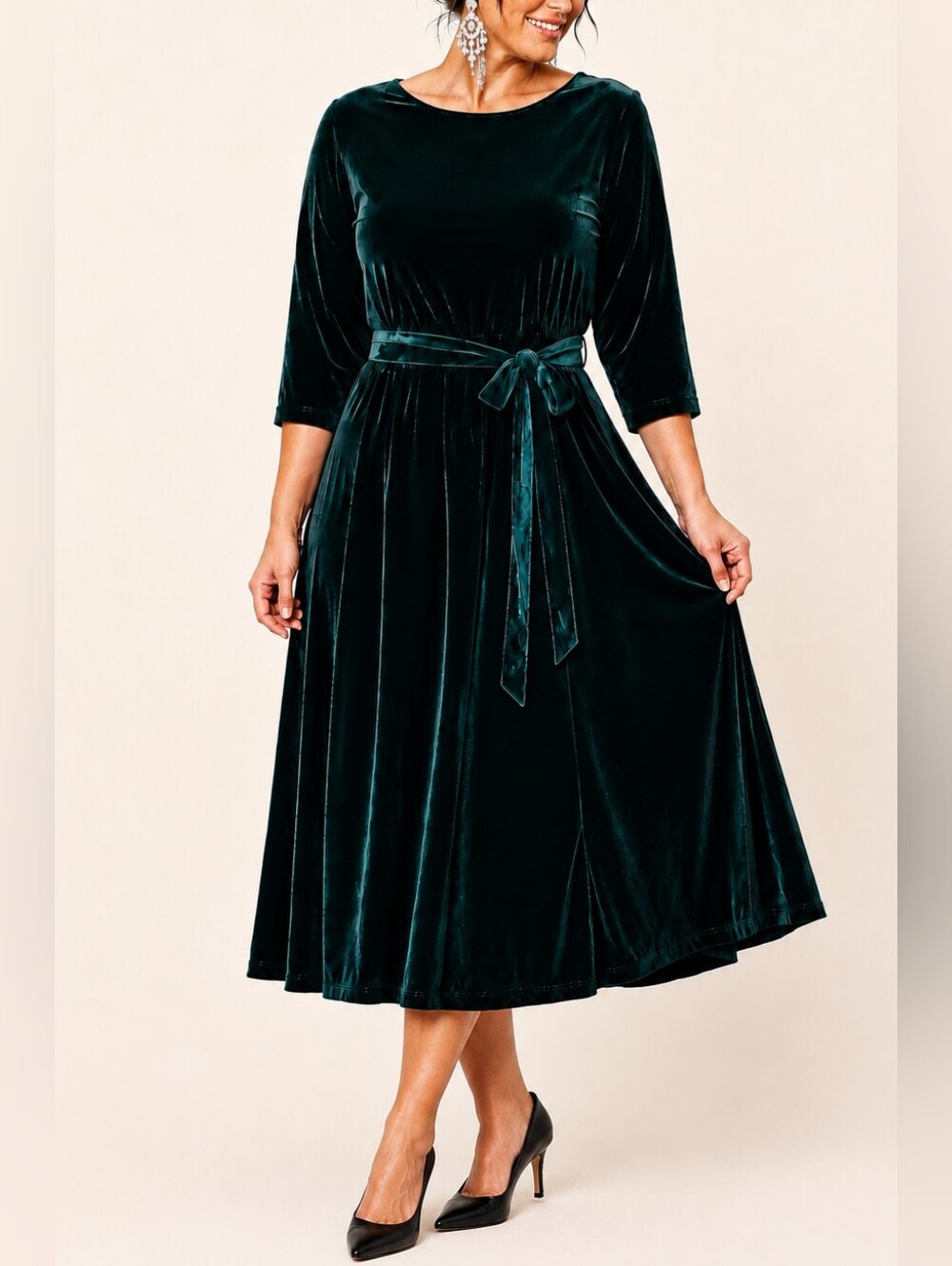 Dress Tells Emerald Green Velvet-like Belted Midi Dress Stretchy Plus Size 2XL